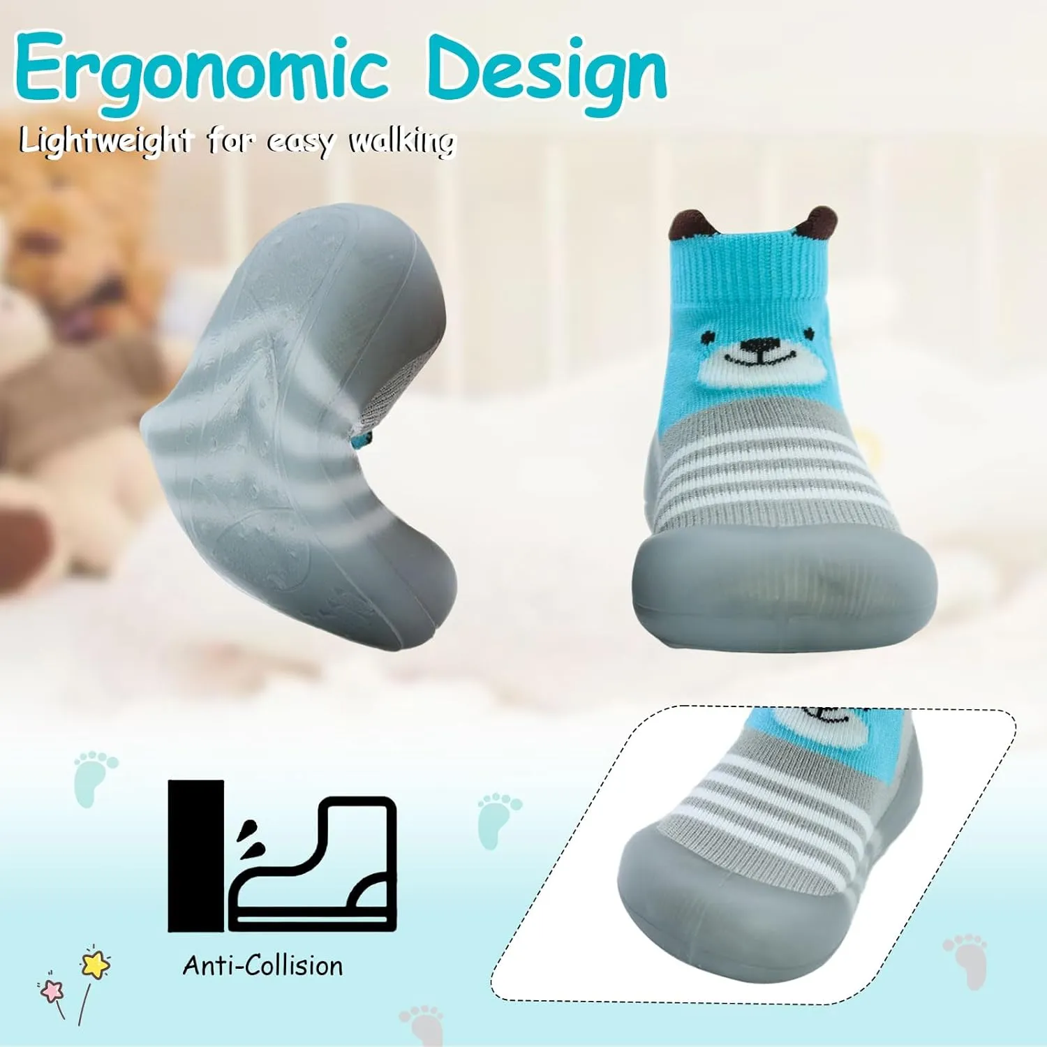 1 Pair Baby Shoes, Baby Socks Shoes Boys/Girls Walkers Shoes Non-Skid Slipper Shoes with Soft Rubber Sole Toddle Sneaker Pinks, Gray, Green