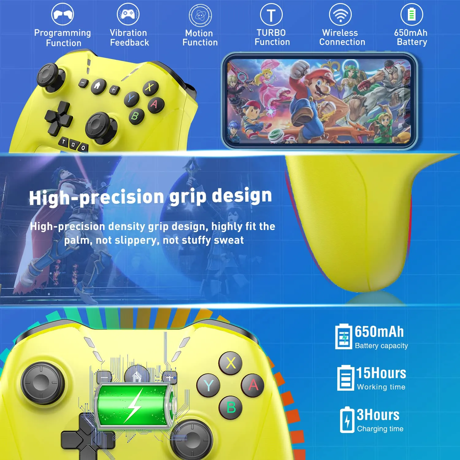 Bluetooth Controller for Switch/Mac/PC/Steam/Mobile Phone/iOS/Android//TV/iPad/Table/Apple Arcade MFi Games, switch pro controller wireless with Adjustable Dual Motion,Turbo,Macros,6-Axis,Wake Up for Black Myth: Wukong (Black) (Purple) (Yellow)