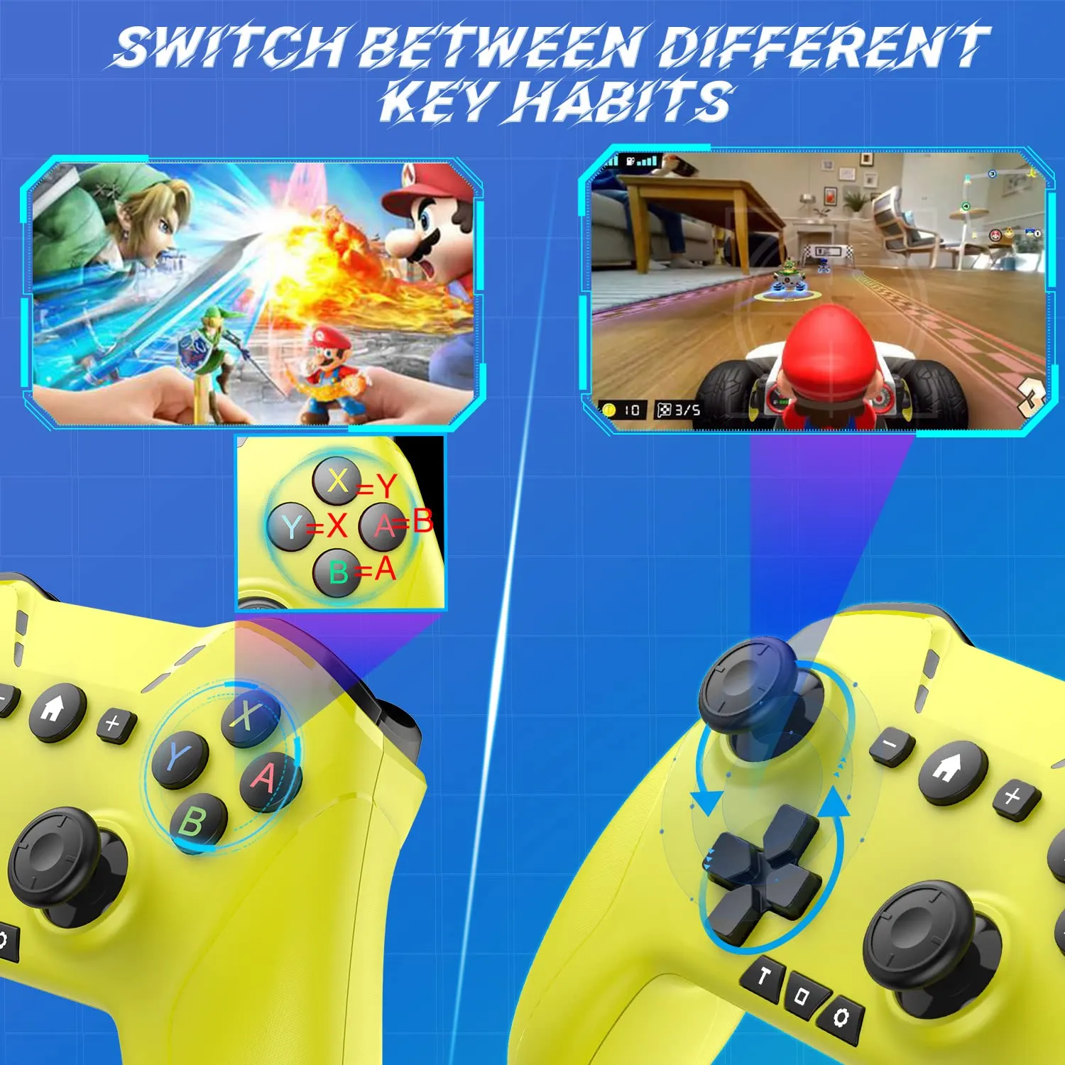 Bluetooth Controller for Switch/Mac/PC/Steam/Mobile Phone/iOS/Android//TV/iPad/Table/Apple Arcade MFi Games, switch pro controller wireless with Adjustable Dual Motion,Turbo,Macros,6-Axis,Wake Up for Black Myth: Wukong (Black) (Purple) (Yellow)