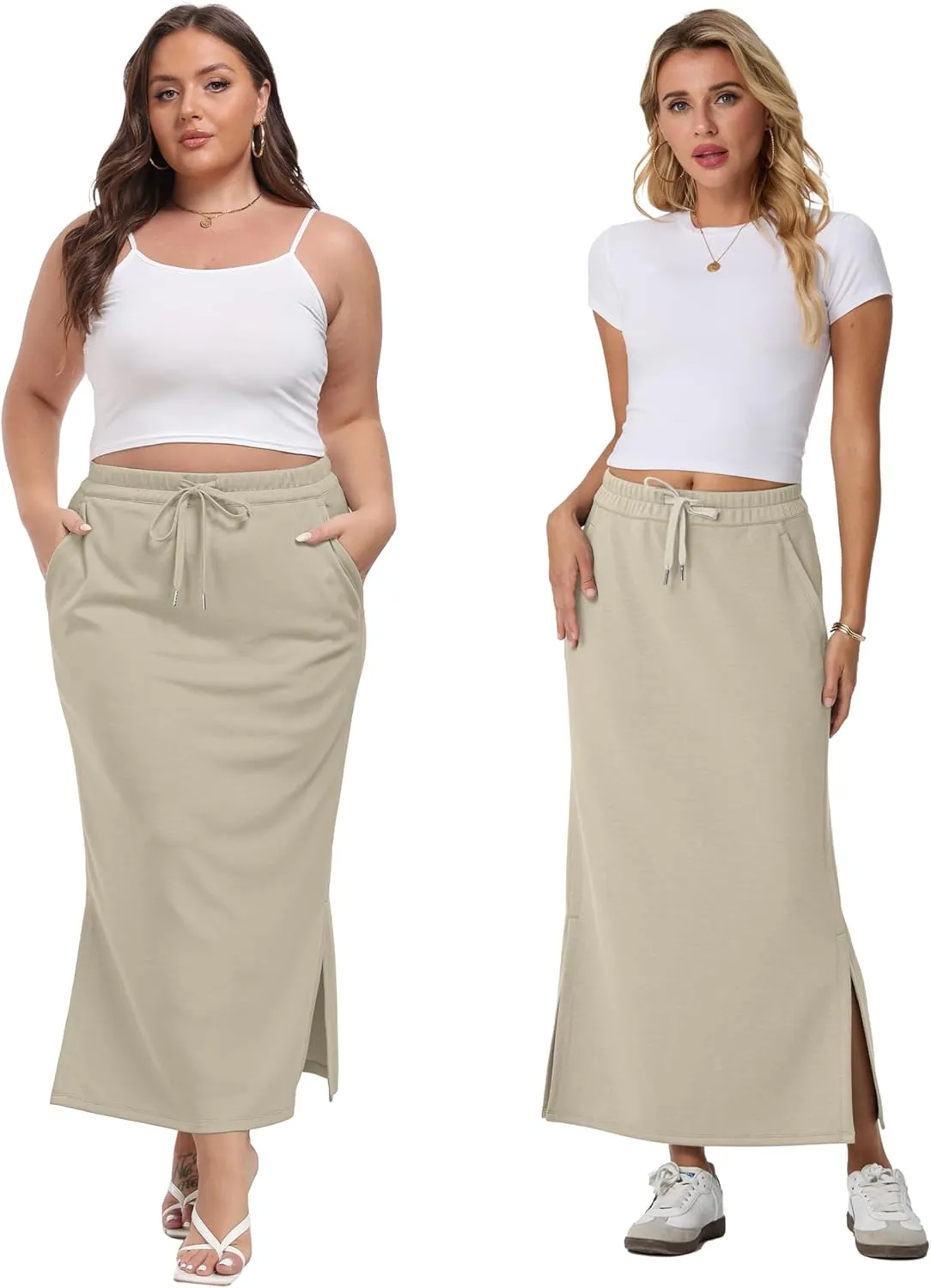 Lepunuo Casual Maxi Skirts for Womens High Waist Trendy Drawstring Side Slit Skirts with Pockets