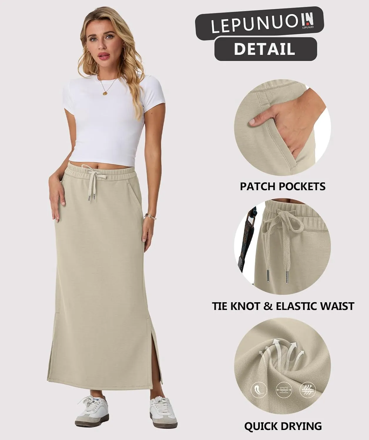 Lepunuo Casual Maxi Skirts for Womens High Waist Trendy Drawstring Side Slit Skirts with Pockets
