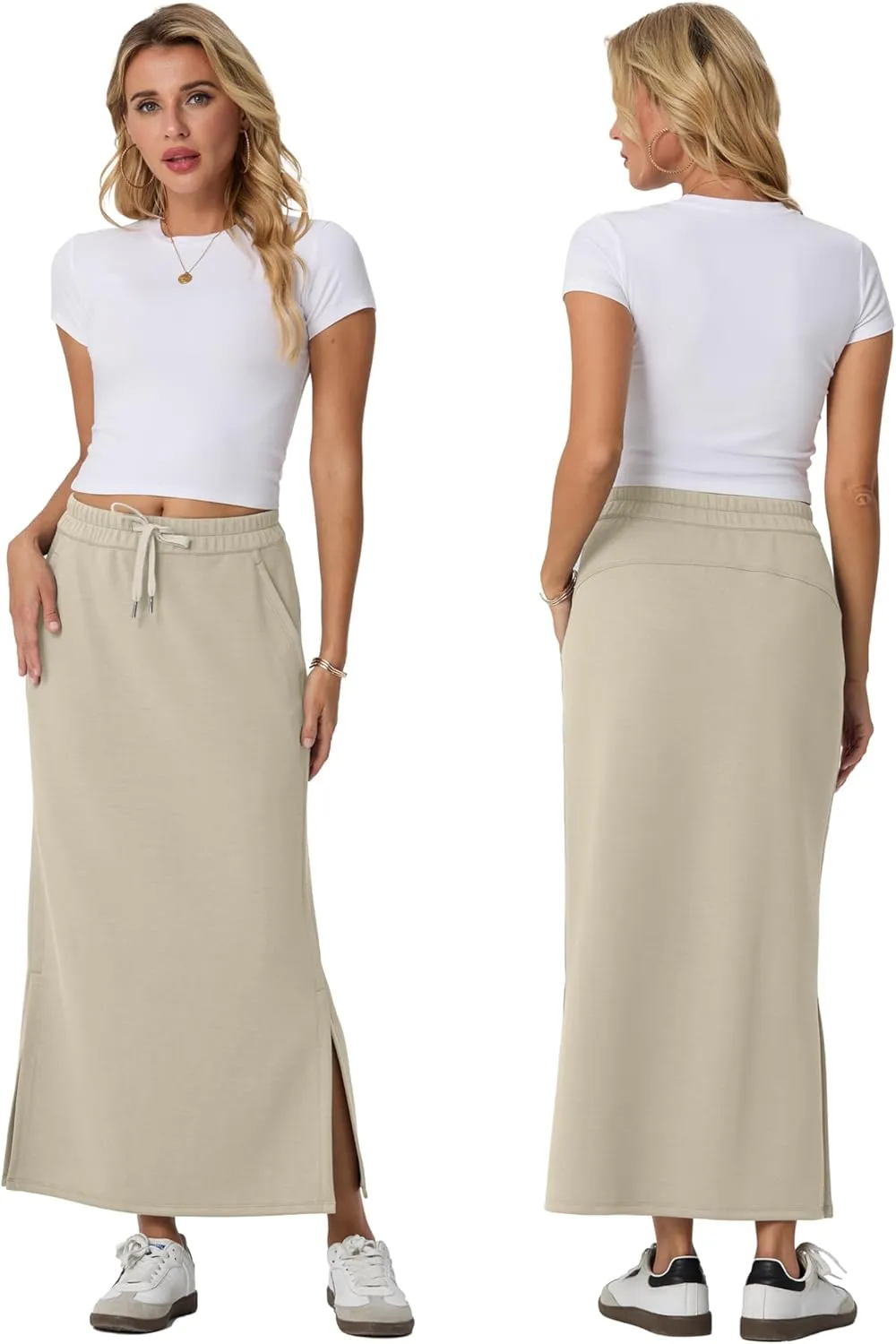 Lepunuo Casual Maxi Skirts for Womens High Waist Trendy Drawstring Side Slit Skirts with Pockets