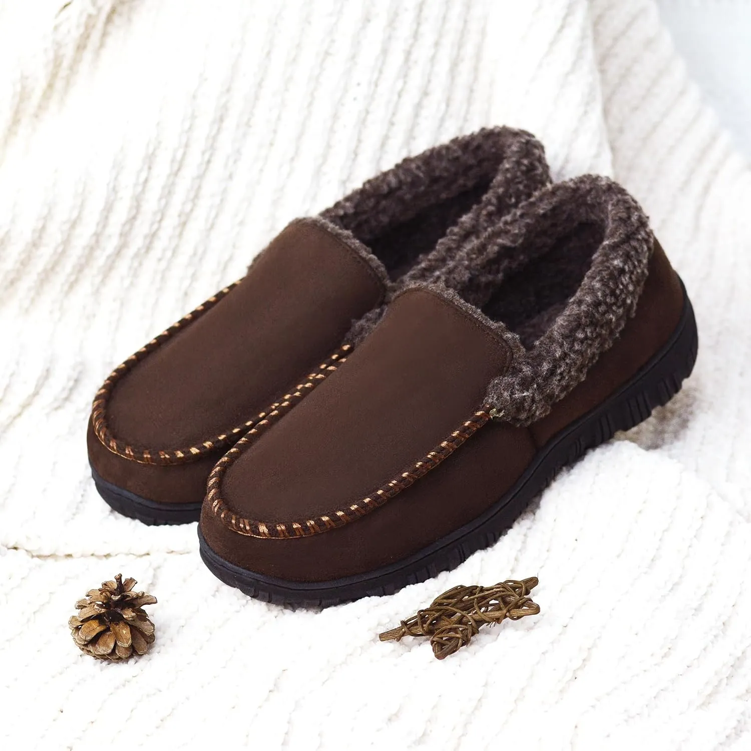 Lulex Moccasins for Men House Slippers Indoor Outdoor Plush Mens Bedroom Shoes with Hard Sole