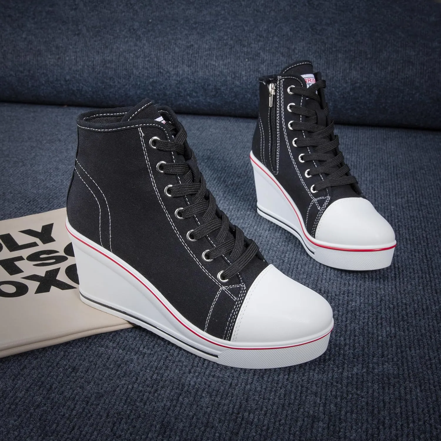 Wedge Sneakers for Women, High Heel Platform High Top Canvas Shoes Lace up Zipper Fashion Sneakers, Tenis Zapatos de Cua Plataforma Tacn para Mujer, Suitbale for Y2K & Harley Quinn Cosplay