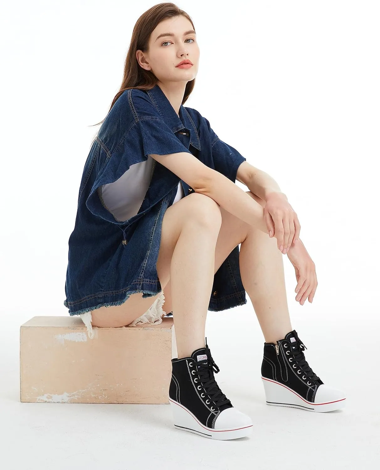 Wedge Sneakers for Women, High Heel Platform High Top Canvas Shoes Lace up Zipper Fashion Sneakers, Tenis Zapatos de Cua Plataforma Tacn para Mujer, Suitbale for Y2K & Harley Quinn Cosplay