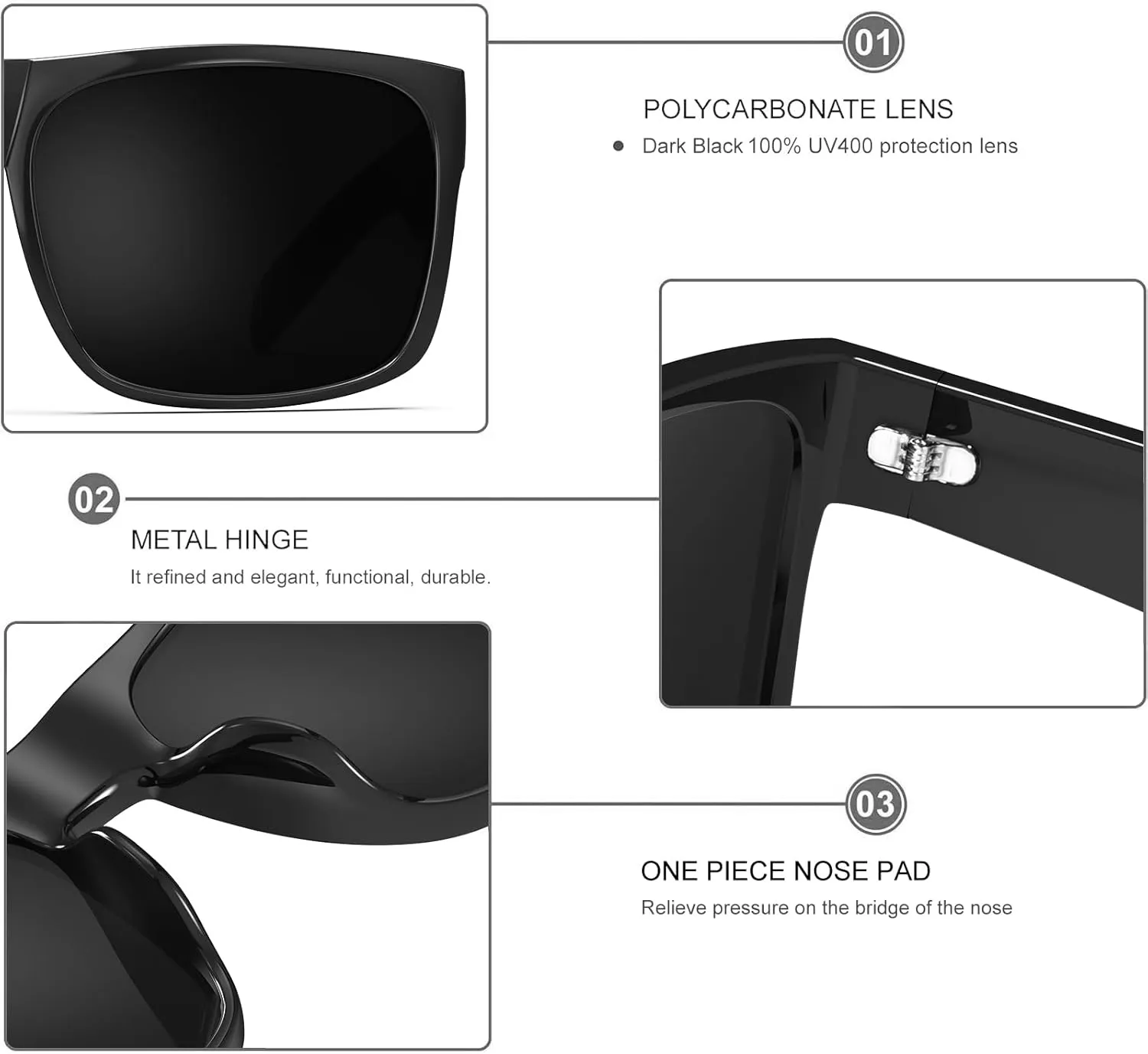 WISTON XL Big Wide Head Mens Dark Black Sunglasses for Men Extra Large Square Sun Glasses 149mm W8004