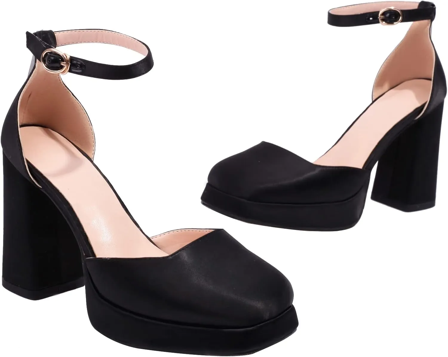 XIEDA Women's Closed Toe Platform Chunky High Block Satin Heels 4 Inch Ankle Strap Party Prom Dress Pumps